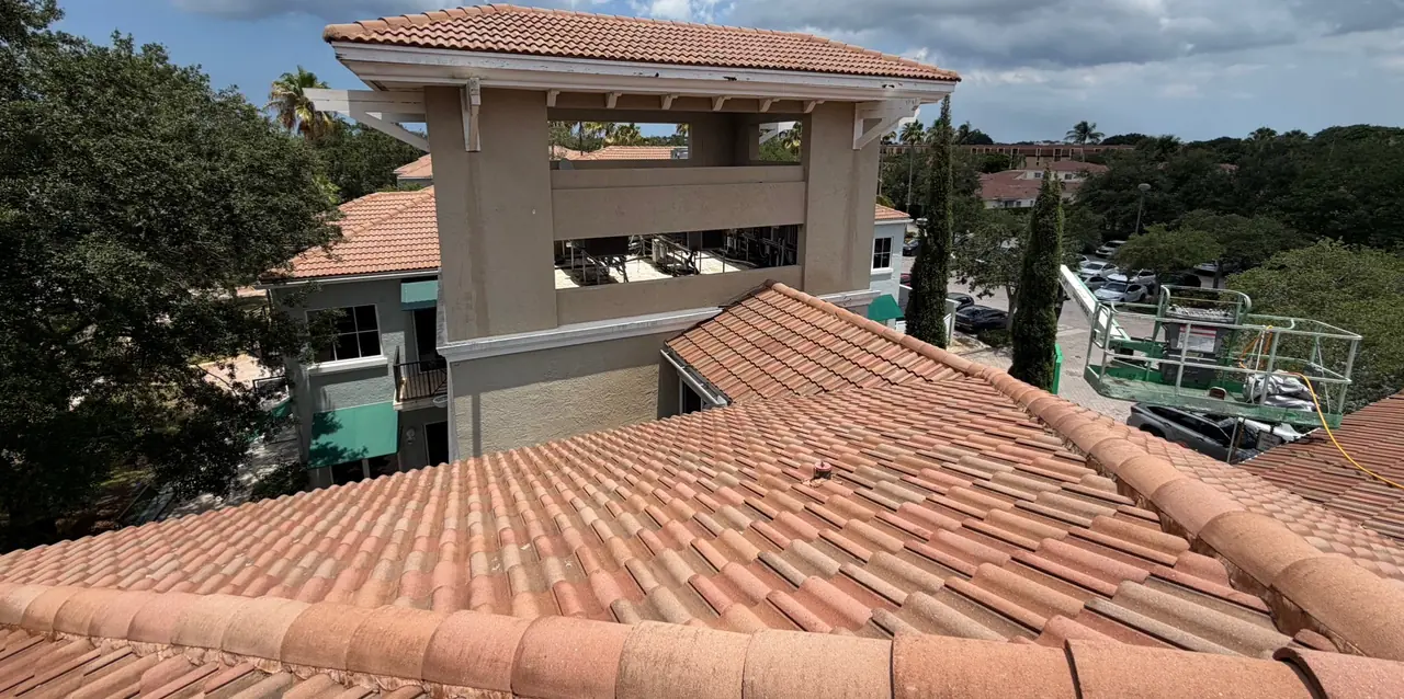 Commercial building tile roof after cleaning