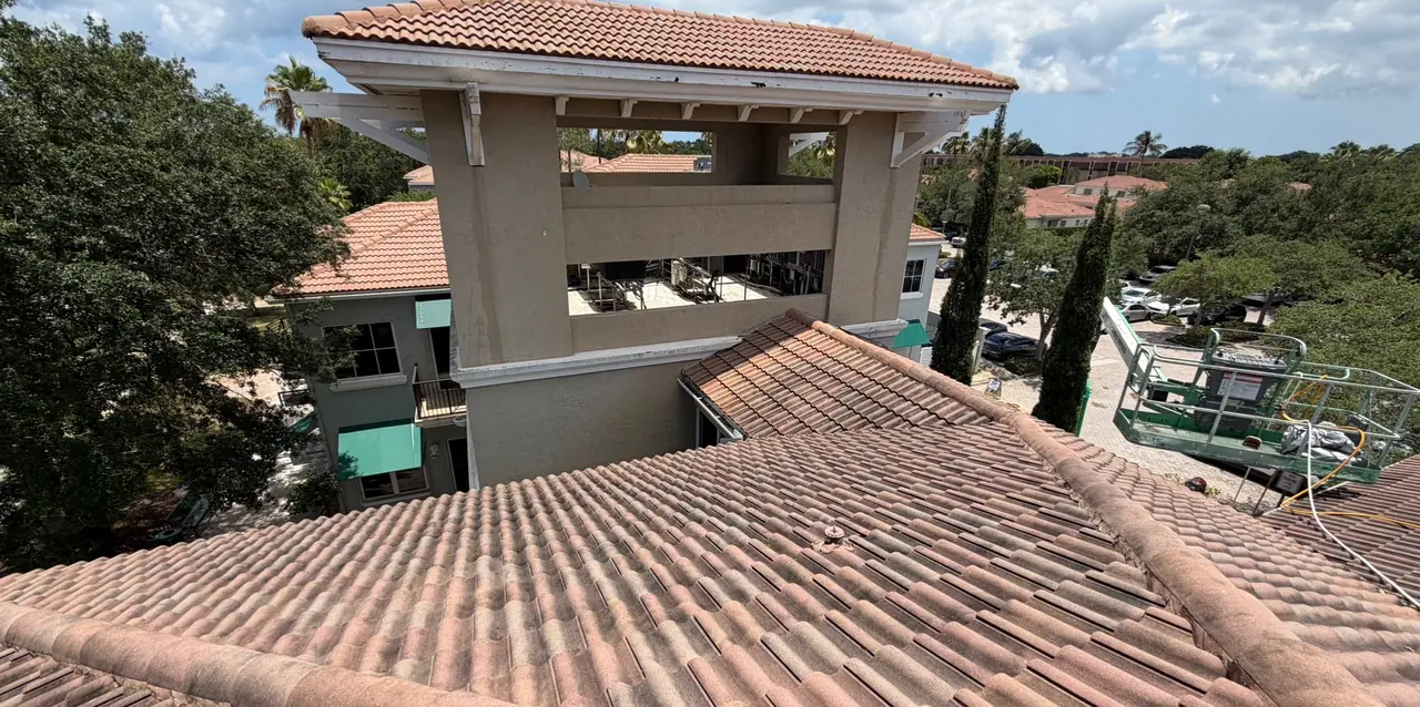 Commercial building tile roof before cleaning